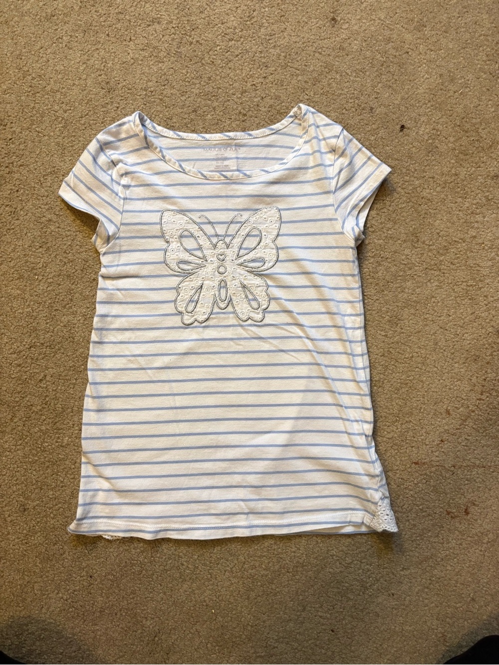 Maggie & Zoe White Tee with Light Blue Stripes and Butterfly Applique